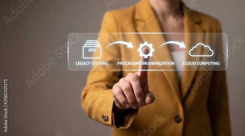 A businesswoman touching a holographic interface for cloud migration from legacy systems workflow with modern gear node icons