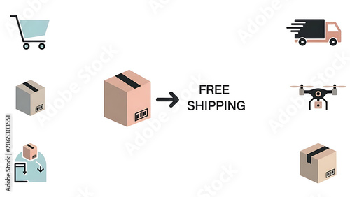 Free shipping, delivery, packaging icons, ecommerce symbols, logistic signs