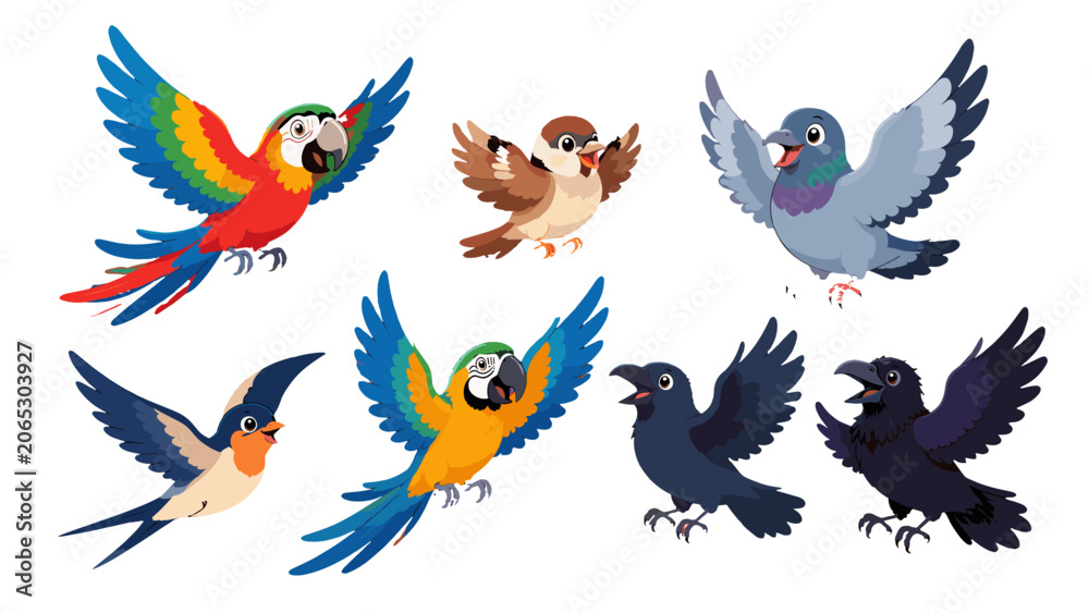 Obraz premium Set of colorful cartoon birds with wings spread in flight