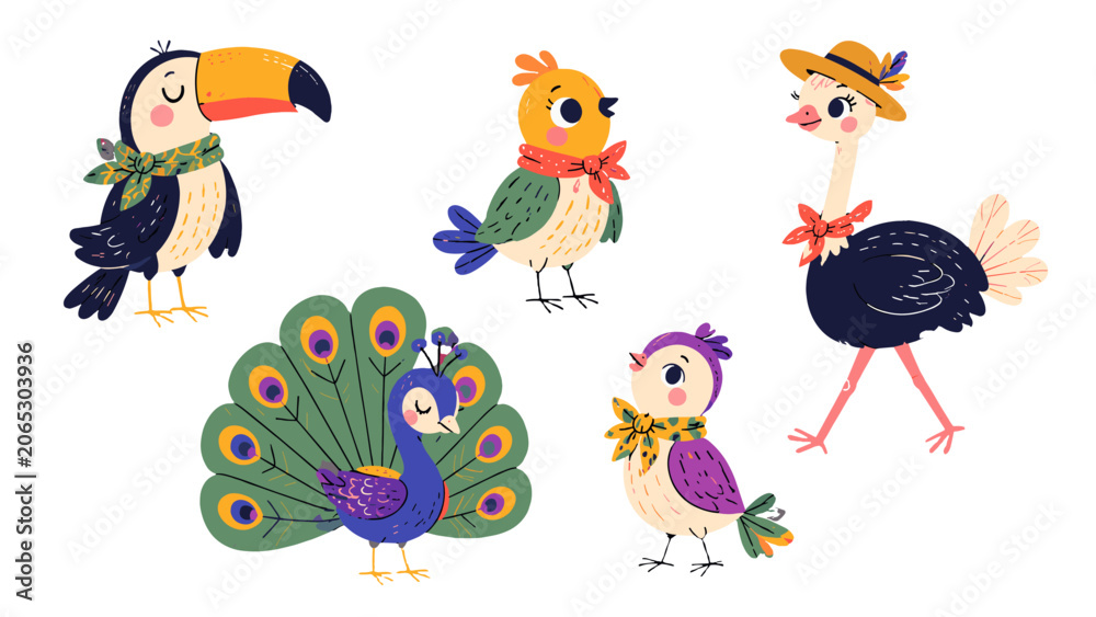 Fototapeta premium Whimsical hand drawn tropical bird characters set