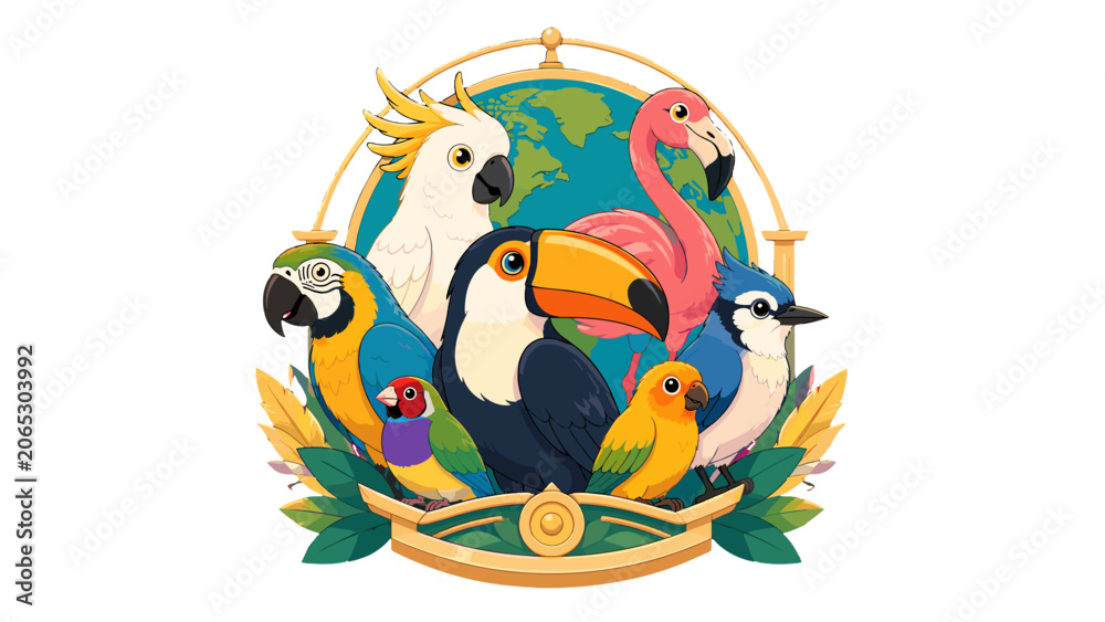 Obraz premium Colorful tropical bird emblem with globe and leaf frame