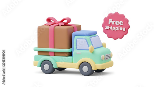 Cartoon delivery truck, free shipping, gift box, present, e-commerce, logistics