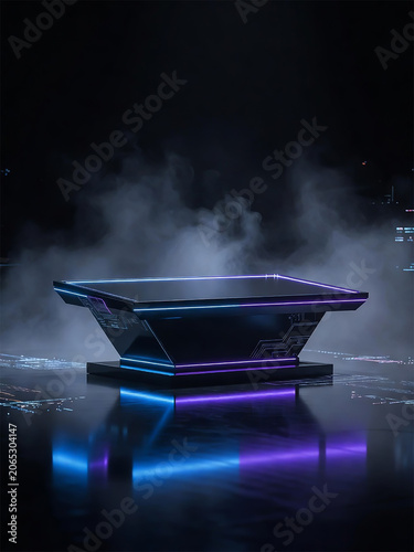 Cyberpunk futuristic neon podium with smoke background
