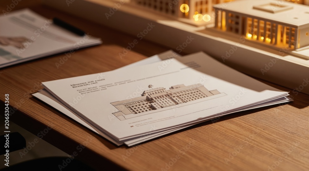 Obraz premium Architectural drawings and model sit on a wood desk. Soft gold bokeh lights blur the background. Papers show building plans. Construction project concept.