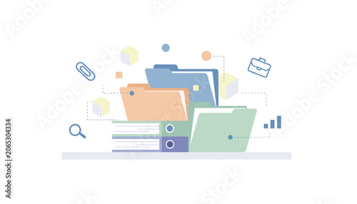 Assorted office folders and binders on desk surface with floating briefcase, paperclip, magnifying glass, and bar chart icons for business workflow.