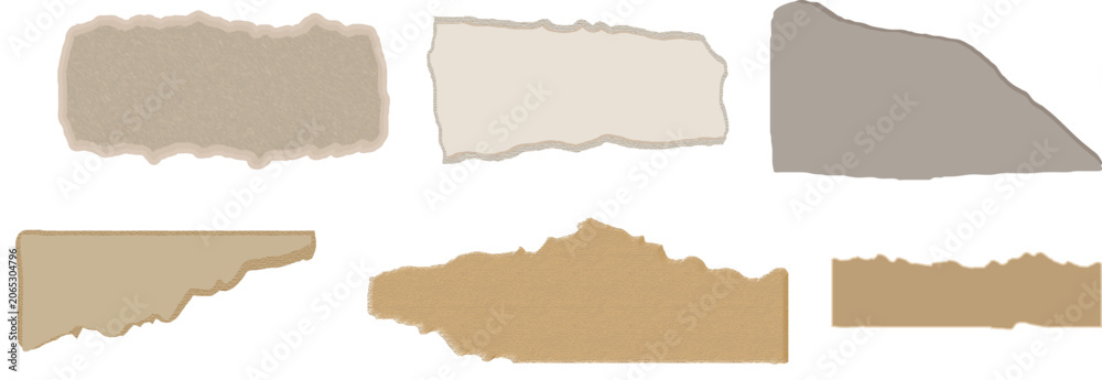 Fototapeta premium Torn paper pieces with ripped edges, vector set, kraft paper scraps, neutral cardboard fragments, and realistic textured elements. Hand drawn paper rip tear sheet piece edge white texture.