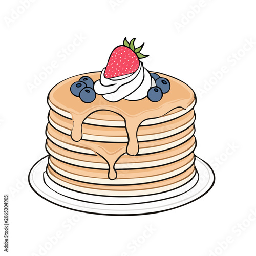 Cartoon Stack of Pancakes with Berries and Syrup