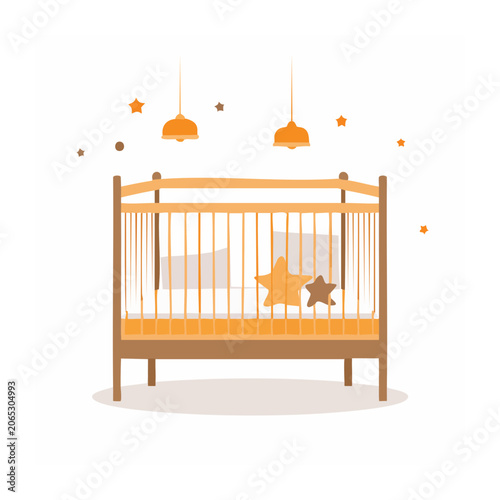 Flat design illustration of a baby crib with stars and lamps
