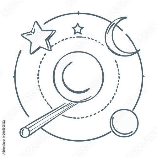 Magnifying glass with star and moon orbit icon
