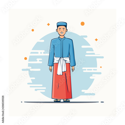 Man in Traditional Blue Jacket and Red Skirt Illustration