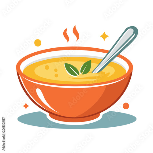 Orange bowl of soup with spoon and steam