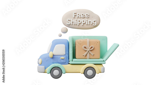 3D delivery truck icon, free shipping concept, cartoon vehicle, package transport