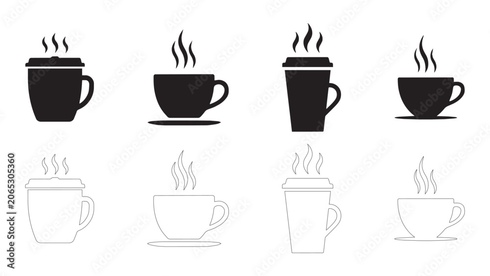 Fototapeta premium Set of coffee mug and cup icons with steam in solid and outline style on transparent grid.