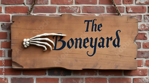 A wooden sign with a skeleton hand hangs on a brick wall