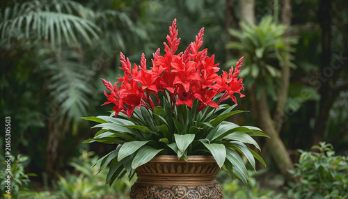 Ornamental red flowers in a decorative garden pot, creating a vibrant focal point in a lush tropical park setting with natural greenery background