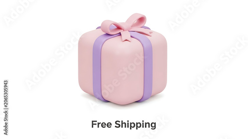 Pink gift box with purple ribbon and bow, free shipping label, ecommerce packaging