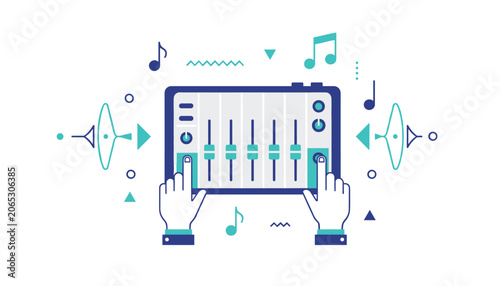 Digital audio mixing console with hands adjusting fader controls surrounded by floating musical notes and sound wave graphics for music production studio concepts.