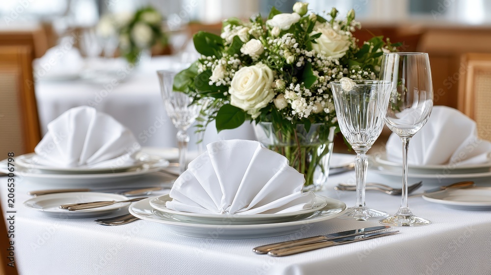 Fototapeta premium Restaurant table setting with folded napkins, elegant dining arrangement, hospitality service concept.