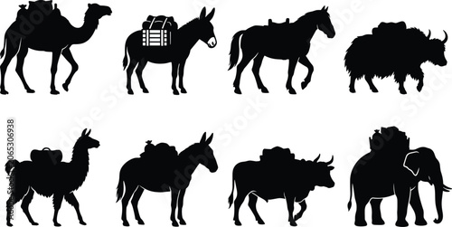 Obraz na płótnie Pack Animal Silhouette Set with Camel Donkey Horse Yak Llama and Elephant