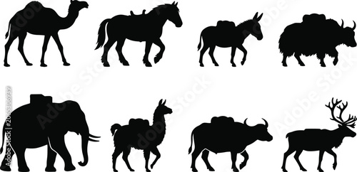 Obraz na płótnie Pack Animal Silhouette Collection Featuring Camel Elephant Yak Llama and Reindee