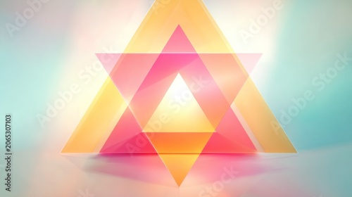 Overlapping translucent geometric shapes form a central star structure with soft ambient lighting
