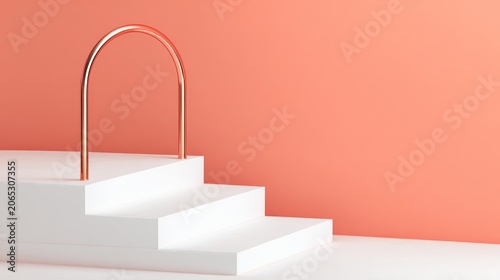 Minimalist display stage featuring steps and a curved metallic accent against a solid coral background