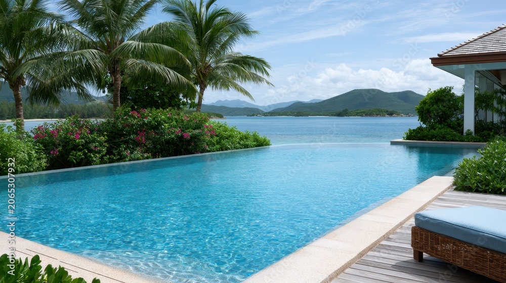 Fototapeta premium Infinity pool with tropical landscape, luxury resort destination, relaxation and premium travel lifestyle concept.