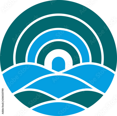 Stylized circular logo featuring waves and arched lines, evoking water and horizon.