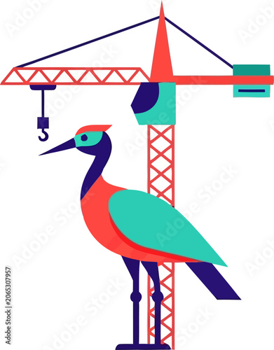 Stylized Crane Bird Illustration with Construction Crane Backdrop.
