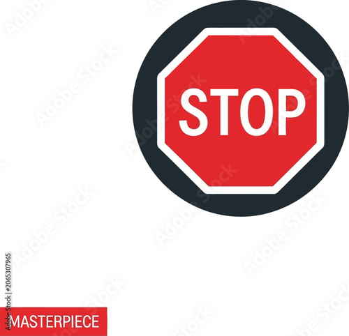 Stop sign with red octagon and white letters in black circle.