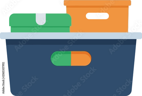 Storage Containers - Blue Bin with Green and Orange Boxes.