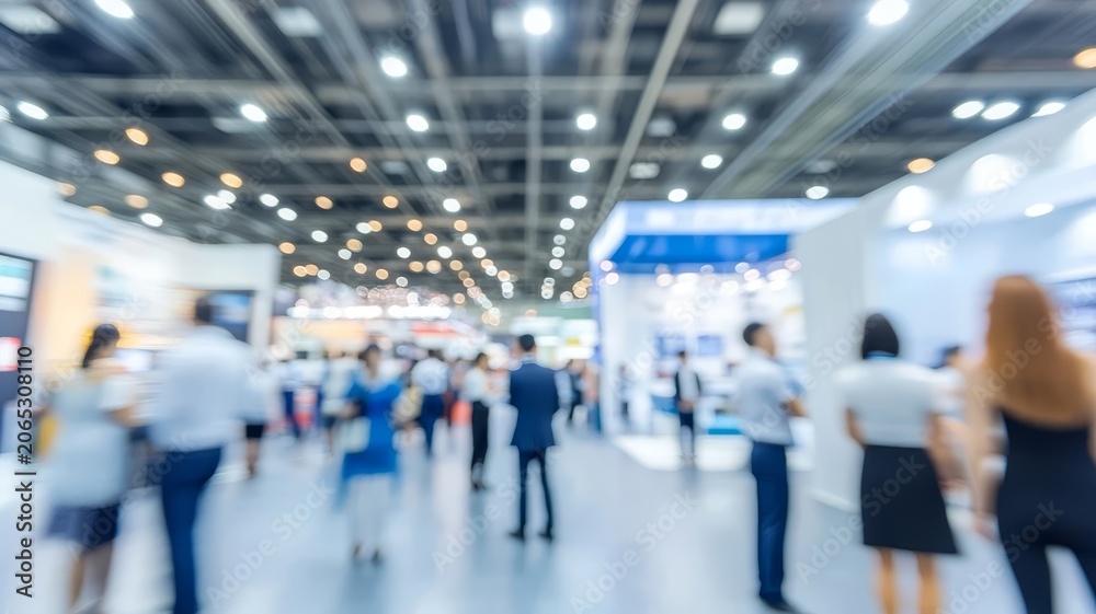 Fototapeta premium Blurred view of people networking at professional trade show exhibition event interior hall.