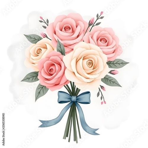 A beautiful bouquet of pink and white roses with a blue ribbon