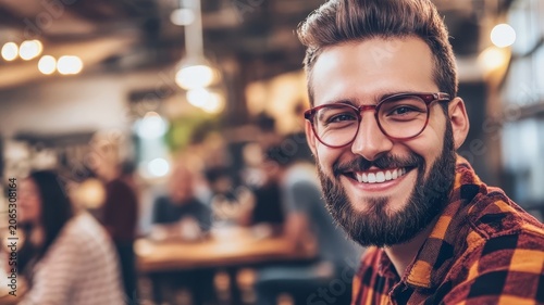 Handsome bearded man with stylish eyeglasses smiling in a trendy coffee shop environment with blurred background people.