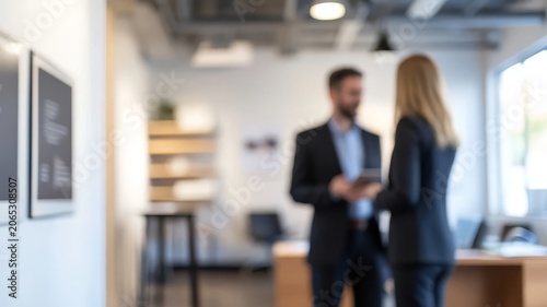 Professional business professionals communicating inside modern bright office workspace environment.