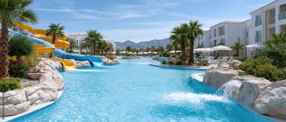 Fototapeta premium Luxury resort swimming pool, tropical vacation destination, relaxation and hospitality concept.