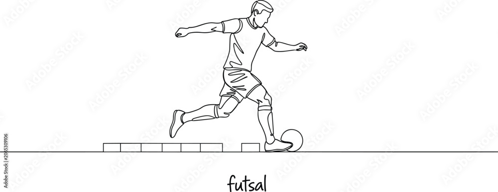 Fototapeta premium Futsal player kicking ball continuous line art vector illustration for indoor soccer tournament and sports graphic