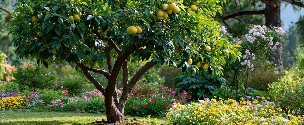 Fototapeta premium A vibrant lemon tree stands amid colorful blooms in a sunlit garden, creating a serene natural arrangement.