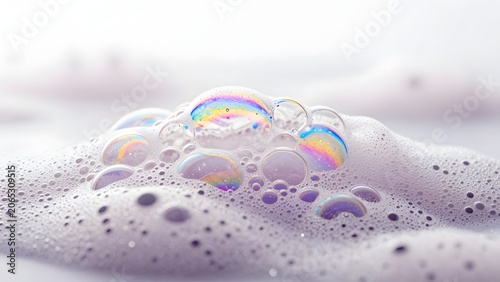 5. [STYLE] of bubbling iridescent foam clusters rising upward showing organic spherical bubbles with soap film thinness and oil-slick color shifts, low angle macro lighting, holographic rainbow palett