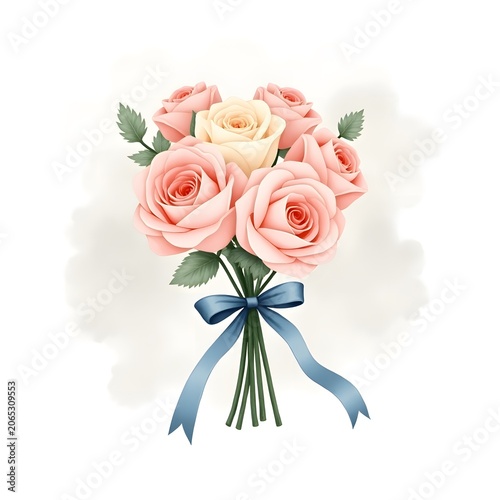 A beautiful bouquet of pink roses with a blue ribbon on a white background