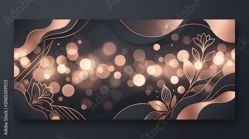 Elegant rose gold floral background with bokeh and dark waves