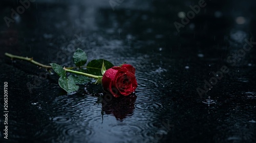 Single red rose lying on a dark wet surface in the rain