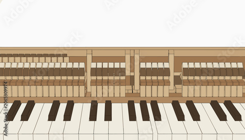 Upright piano internal action mechanism showing felt hammers and wooden keys arranged in a precise horizontal row for musical instrument repair.