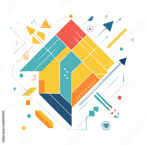 Abstract geometric shapes with arrows and house form