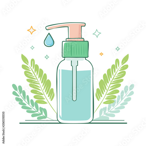 Flat design hand sanitizer bottle with leaves and droplet