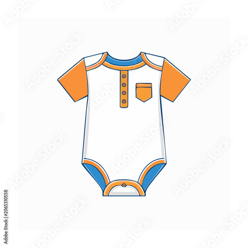 Flat design illustration of a baby onesie with blue and orange trim