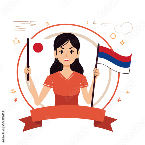 Woman holding Japan and Russia flags in flat design