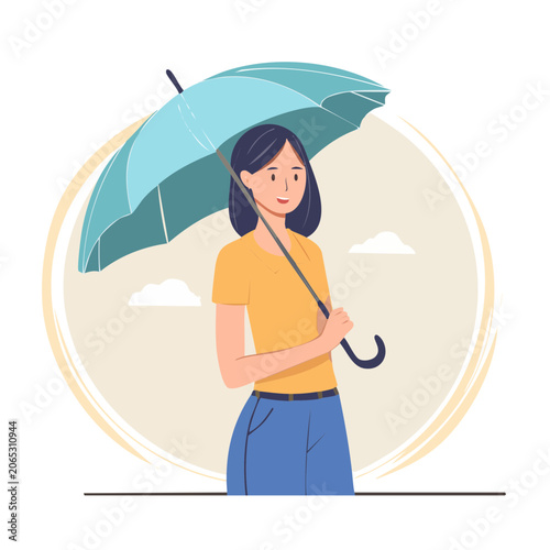 Woman holding teal umbrella in flat design style