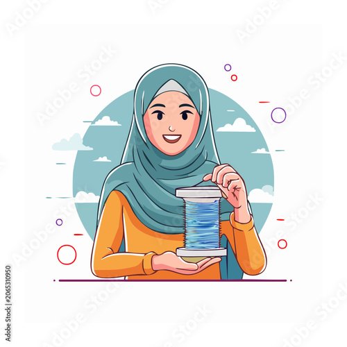 Woman in hijab holding a spool of thread illustration