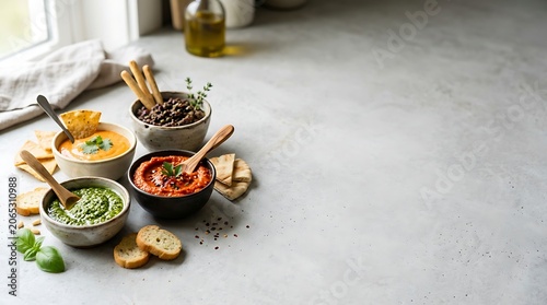 Variety of colorful mediterranean dips and snacks on a stone surface